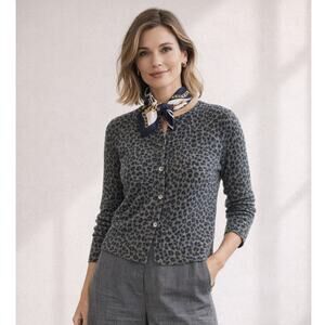 Nina Leonard Gray Leopard Print Cardigan Large Lambswool Angora Blend Sweater